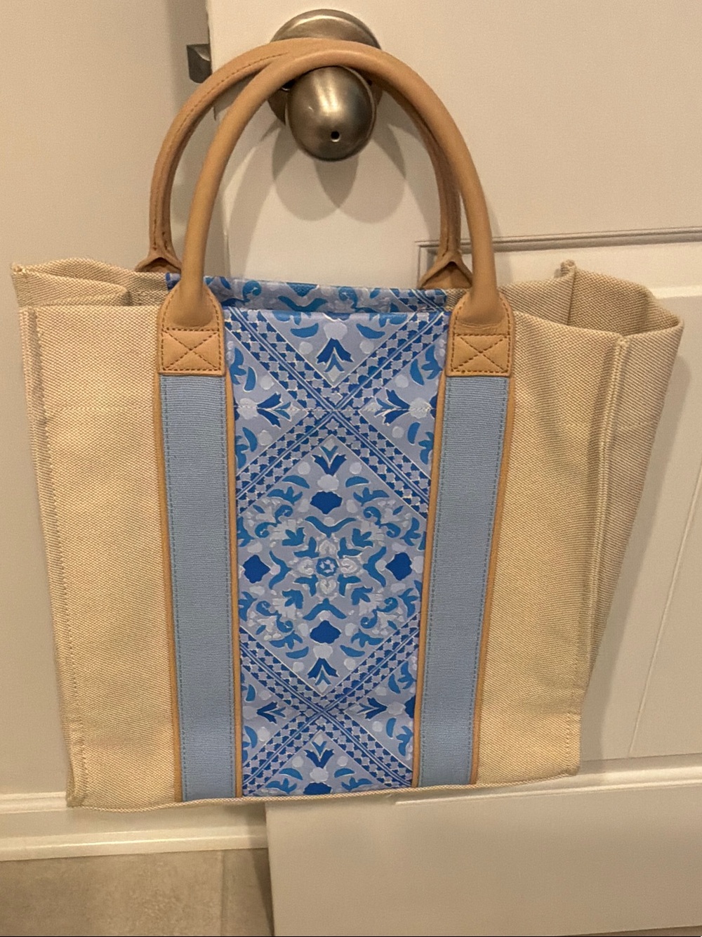 Vineyard Vines Cream Canvas Tote with Blue Mosaic Panel and Tan Handles - Picture 2 of 6